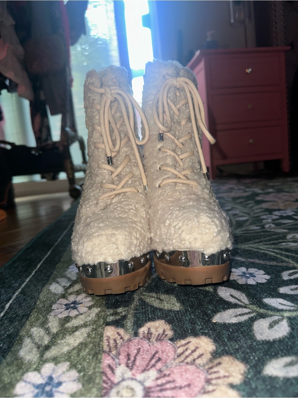 Jessica Simpson Cream Sherpa Lace-Up Platform Ankle Boots with Block Heel - Picture 4 of 10